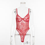 Sheer Lace Bodysuit Women Backless Transparent Mesh Bow Sexy Jumpsuit