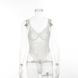 Sheer Lace Bodysuit Women Backless Transparent Mesh Bow Sexy Jumpsuit