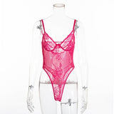 Sheer Lace Bodysuit Women Backless Transparent Mesh Bow Sexy Jumpsuit