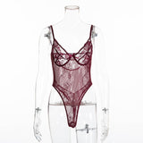 Sheer Lace Bodysuit Women Backless Transparent Mesh Bow Sexy Jumpsuit