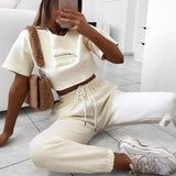 Women Casual Solid White Two Piece Pants Set Crop Top Lounge Tracksuit