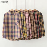 Plaid Shirts Women Top And Blouses Long Sleeve Oversized Cotton Ladies Casual Blusas One Pocket Loose Female Checked Shirt