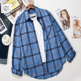 Plaid Shirts Women Top And Blouses Long Sleeve Oversized Cotton Ladies Casual Blusas One Pocket Loose Female Checked Shirt
