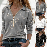 Heart Print Blouses Casual Zipper V Neck Shirt Cotton Long Sleeve Top Elegant Ladies Shirt Streetwear