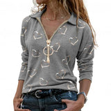 Heart Print Blouses Casual Zipper V Neck Shirt Cotton Long Sleeve Top Elegant Ladies Shirt Streetwear
