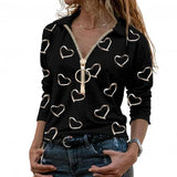 Heart Print Blouses Casual Zipper V Neck Shirt Cotton Long Sleeve Top Elegant Ladies Shirt Streetwear