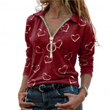 Heart Print Blouses Casual Zipper V Neck Shirt Cotton Long Sleeve Top Elegant Ladies Shirt Streetwear