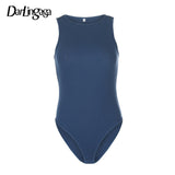 Darlingaga Black Sleeveless Ribbed Knitted Summer Bodysuit Woman Solid Basic Bodycon Jumpsuit Body Women Fashion Bodysuits Tops
