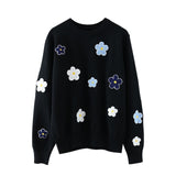 Korean Floral Emobroidery Pullover Sweater High Quality Women Elegant O Neck Knitted Tops C-089