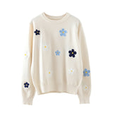 Korean Floral Emobroidery Pullover Sweater High Quality Women Elegant O Neck Knitted Tops C-089