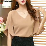 Summer Womens Casual Solid Chiffon Shirt Butterfly Sleeve Korean Loose Women Blouse