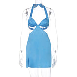 Dulzura Satin Women Halter Mini Dress Slit Lace Up Bandage Hollow Out Backless Sexy Streetwear