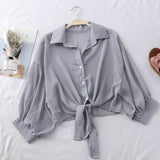 New 2021 Summer Half Sleeve Buttoned Up Shirt Loose Casual Blouse Chiffon Shirts Women Tied Waist Elegant Blouses for Women