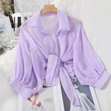 New 2021 Summer Half Sleeve Buttoned Up Shirt Loose Casual Blouse Chiffon Shirts Women Tied Waist Elegant Blouses for Women