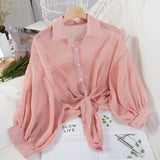 New 2021 Summer Half Sleeve Buttoned Up Shirt Loose Casual Blouse Chiffon Shirts Women Tied Waist Elegant Blouses for Women