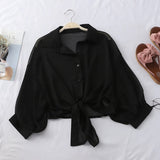 New 2021 Summer Half Sleeve Buttoned Up Shirt Loose Casual Blouse Chiffon Shirts Women Tied Waist Elegant Blouses for Women