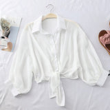 New 2021 Summer Half Sleeve Buttoned Up Shirt Loose Casual Blouse Chiffon Shirts Women Tied Waist Elegant Blouses for Women