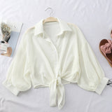 New 2021 Summer Half Sleeve Buttoned Up Shirt Loose Casual Blouse Chiffon Shirts Women Tied Waist Elegant Blouses for Women