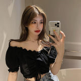 Summer Sexy off Shoulder Crop Top Ruffles White Shirt