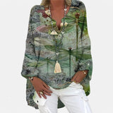 Women Casual Long Sleeve Cotton and Linen Loose Blouse Spring V Neck Print Irregular Shirt Vintage Oversized Tops Oversized