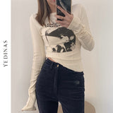 Yedinas Casual Slim T-shirt For Women O Neck Long Sleeve Sexy Crop Top Grunge Letters