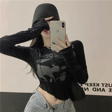 Yedinas Casual Slim T-shirt For Women O Neck Long Sleeve Sexy Crop Top Grunge Letters