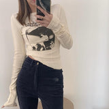 Yedinas Casual Slim T-shirt For Women O Neck Long Sleeve Sexy Crop Top Grunge Letters