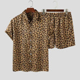 INCERUN Fashion Men Sets Leopard Print Short Sleeve Lapel Shirt Chic Beach Shorts