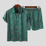 INCERUN Fashion Men Sets Leopard Print Short Sleeve Lapel Shirt Chic Beach Shorts