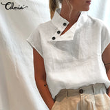 Celmia Stylish Tunic Tops Plus Size Women Short Sleeve Summer Blouses Buttons