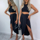 NewAsia Summer Women Crop Top Long Skirts Two Piece Set White Party Club Wear Sexy Split Skirts Sets Casual Clothing 2020 New