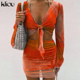 Kliou Printed Mesh Tie Up Top+Skirt Matching Sets Flare Long Sleeve Holiday Club Outfit For Women Casual Drawstring 2 Piece Set