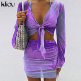 Kliou Printed Mesh Tie Up Top+Skirt Matching Sets Flare Long Sleeve Holiday Club Outfit For Women Casual Drawstring 2 Piece Set