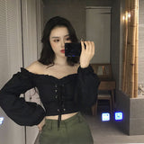 Women's Off Shoulder Long Sleeve Lace Up Ruffle Blouse with Puff Crop Top