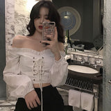 Women's Off Shoulder Long Sleeve Lace Up Ruffle Blouse with Puff Crop Top