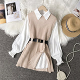 2 Piece Women's Long knitted vest with Lantern Sleeve shirt for Autumn Fashion