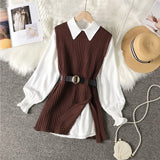 2 Piece Women's Long knitted vest with Lantern Sleeve shirt for Autumn Fashion