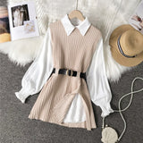 2 Piece Women's Long knitted vest with Lantern Sleeve shirt for Autumn Fashion