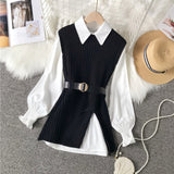 2 Piece Women's Long knitted vest with Lantern Sleeve shirt for Autumn Fashion