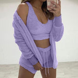 Three Piece Sexy Fluffy Outfits Plush Velvet Hooded Cardigan Coat+Shorts+Crop Top Women Tracksuit Sets Casual Sports Sweatshirt