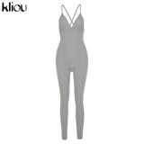 Kliou v-neck skinny sexy jumpsuit women summer hollow out partywear halter sleeveless streetwear outfit fitness backless