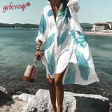 Summer Women Dresses Turn-down Collar Print Casual Long Sleeve Shirt Dress Plus Size