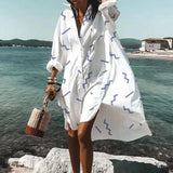 Summer Women Dresses Turn-down Collar Print Casual Long Sleeve Shirt Dress Plus Size