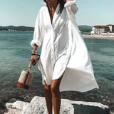 Summer Women Dresses Turn-down Collar Print Casual Long Sleeve Shirt Dress Plus Size Loose Beach Party Vestidos Robe Blouse