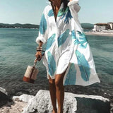 Summer Women Dresses Turn-down Collar Print Casual Long Sleeve Shirt Dress Plus Size
