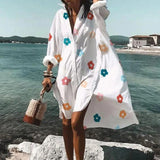 Summer Women Dresses Turn-down Collar Print Casual Long Sleeve Shirt Dress Plus Size Loose Beach Party Vestidos Robe Blouse