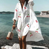 Summer Women Dresses Turn-down Collar Print Casual Long Sleeve Shirt Dress Plus Size Loose Beach Party Vestidos Robe Blouse