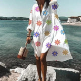Summer Women Dresses Turn-down Collar Print Casual Long Sleeve Shirt Dress Plus Size