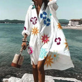 Summer Women Dresses Turn-down Collar Print Casual Long Sleeve Shirt Dress Plus Size Loose Beach Party Vestidos Robe Blouse