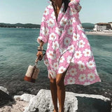Summer Women Dresses Turn-down Collar Print Casual Long Sleeve Shirt Dress Plus Size